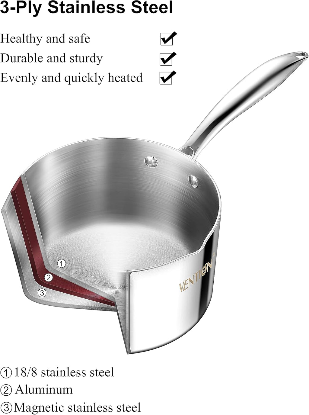VENTION Tri-Ply Stainless Steel 1 Quart Saucepan with Lid, Bright Small Sauce Pan with Pour Spout, Small Pots for Cooking, Right Hand