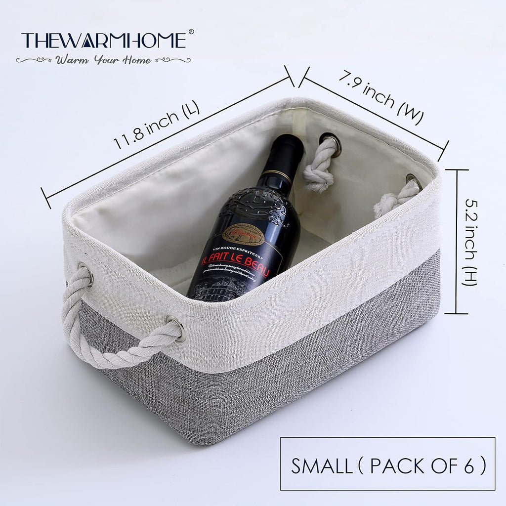 TheWarmHome Small Storage Baskets for Organizing,Storage Baskets for Shelves,Small Fabric Storage Bins W/Handles For Closet Nursery Toy Decorative Foldable (White&Grey, 11.8L*7.9W*5.2H-6 Pack)