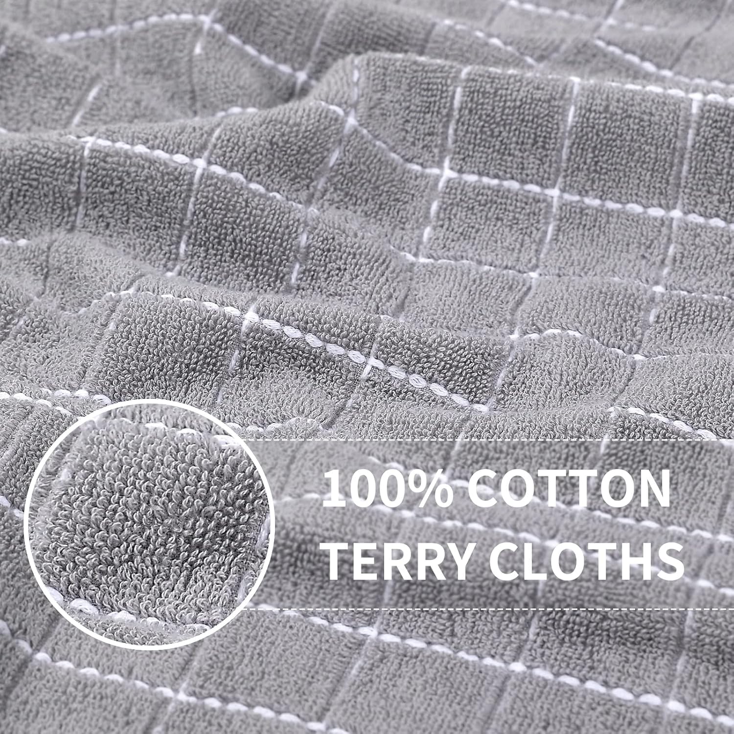 Homaxy 100% Cotton Terry Kitchen Towels(Light Grey, 13 x 28 inches), Checkered Designed, Soft and Super Absorbent Dish Towels, 6 Pack