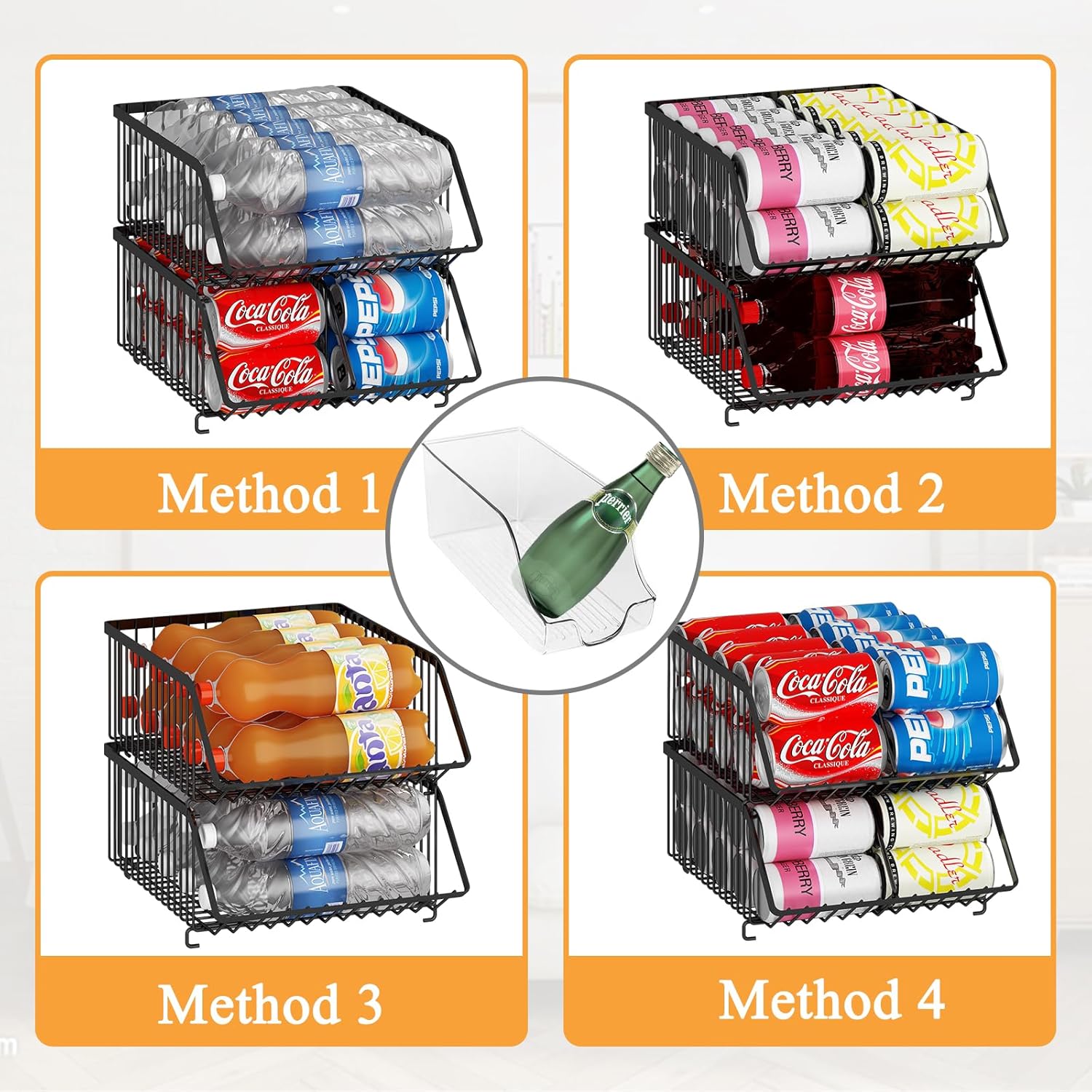 GILLAS 2 Pack Stackable Soda Can Organizer with Dividers for Refrigerator, Can Holder Dispenser Canned Food Organizer, Beverage Storage Basket Rack Drink Organizer for Fridge, Kitchen, Pantry, Black