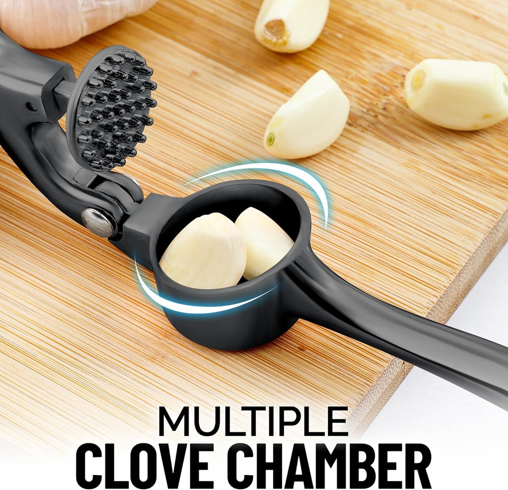 Zulay Kitchen Premium Garlic Press Set - Rust Proof & Dishwasher Safe Professional Garlic Mincer Tool - Easy-Squeeze, Easy-Clean with Soft, Ergonomic Handle - Silicone Garlic Peeler & Brush-Dark Gray