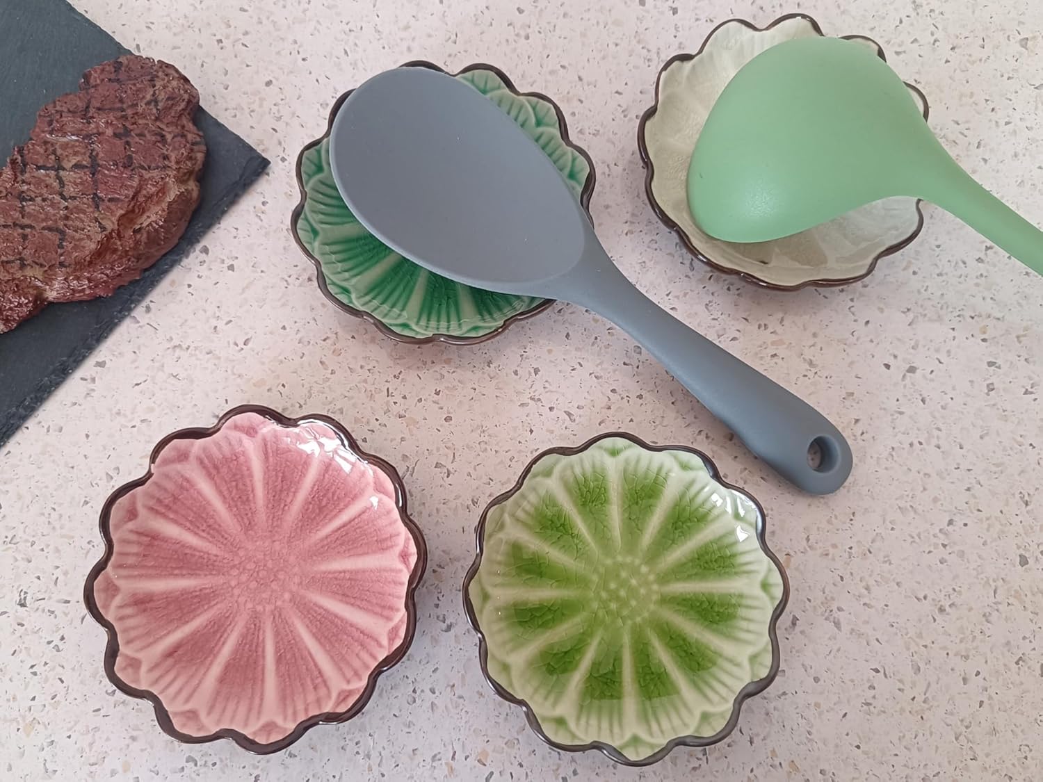 Ceramic Spoon Rest for Stove Top, Flower Cute Spoon Rest for Kitchen Counter, Cooking Spoon Holder for Kitchen Counter, Utensil Rest Spatula Rest Ladle Holder Tong Rest, 1 PC (Ice Cracks, Pink)
