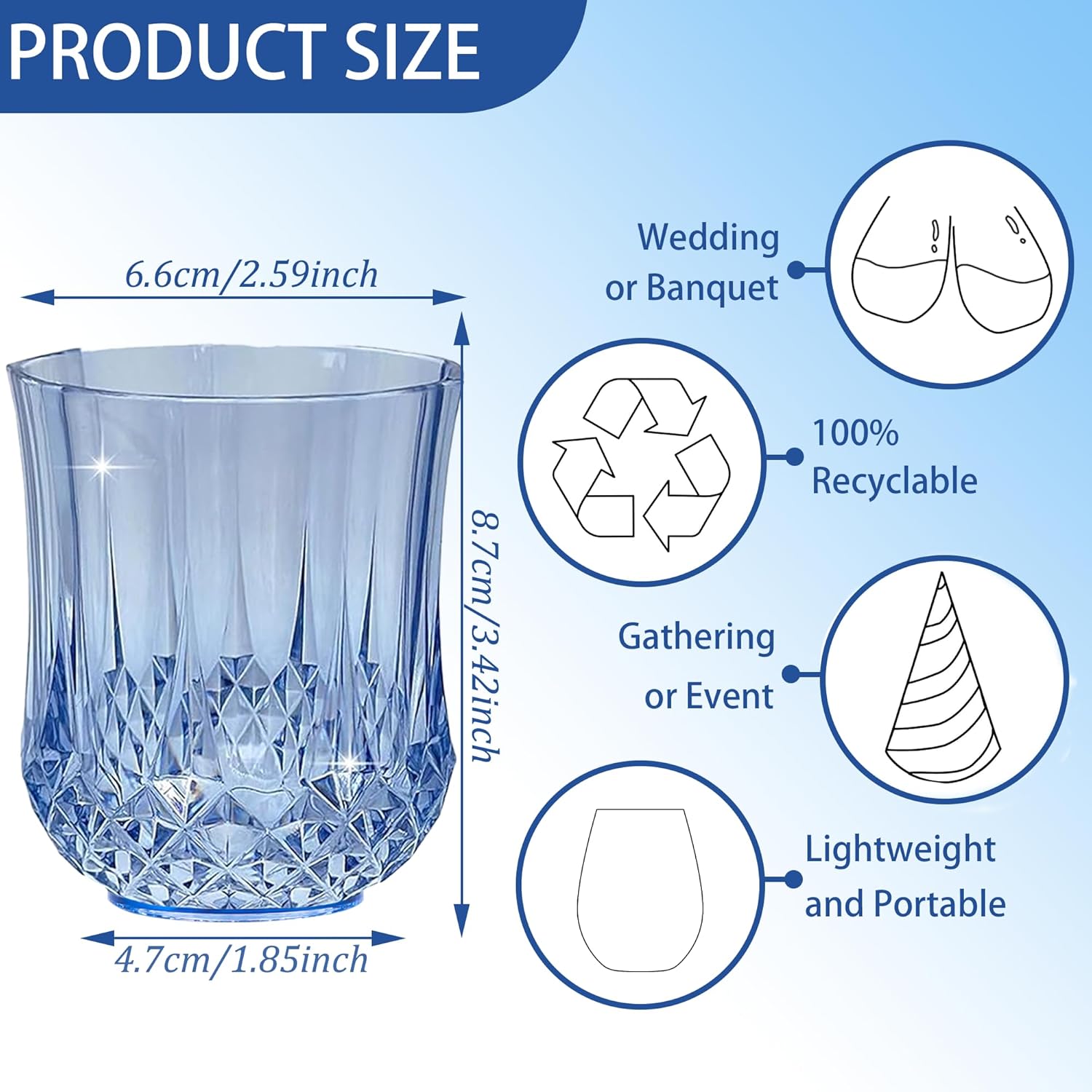48 PCS Blue Stemless Wine Glasses，Plastic Reusable Cups 9OZ Vintage Drinking Glasses Tumblers for Whisky, Beer, Juice, Beverages, Cocktai