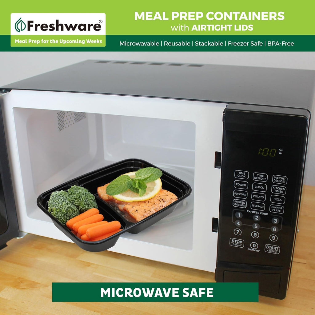 Freshware Meal Prep Containers [15 Pack] 2 Compartment with Lids, Food Storage Containers, Bento Box, BPA Free, Stackable, Microwave/Dishwasher/Freezer Safe (28 oz), Black