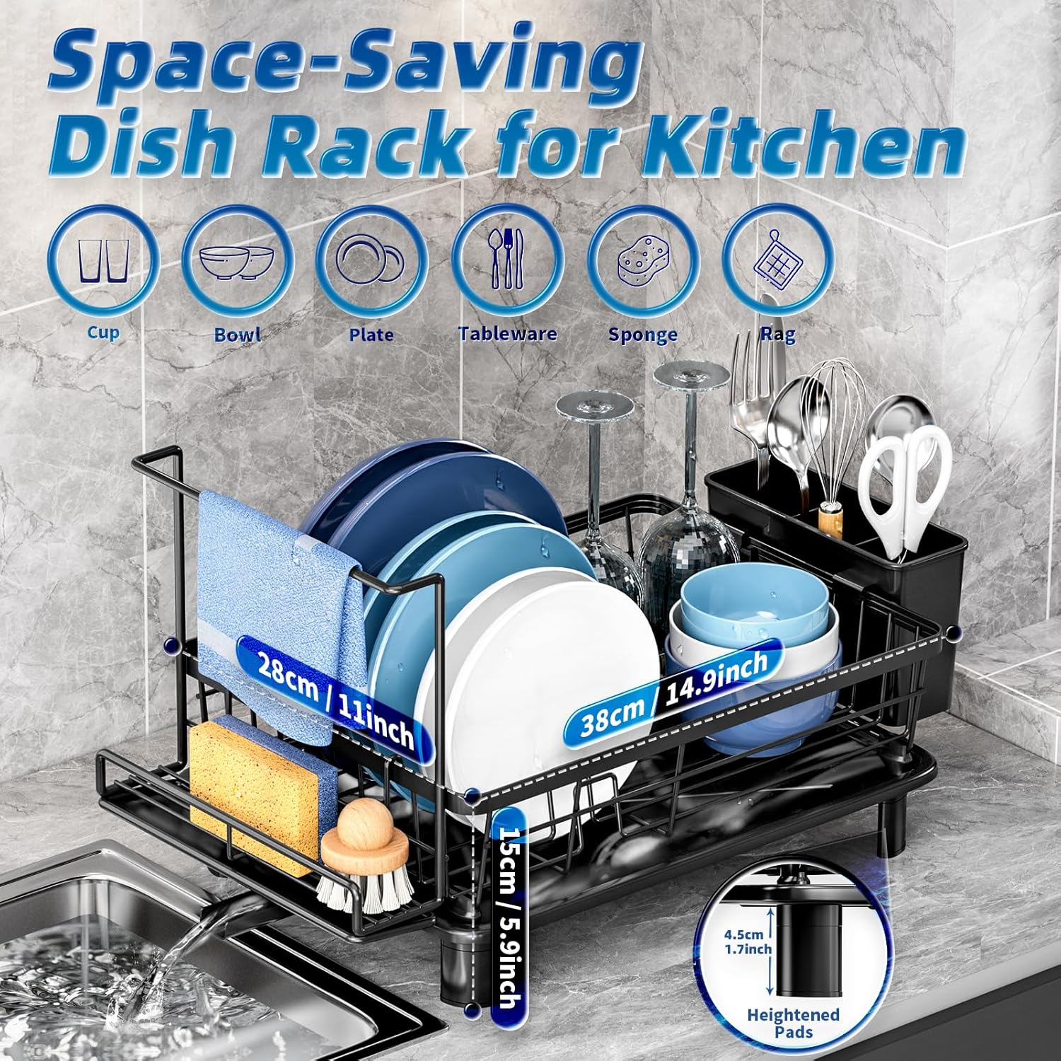 Dish Drying Rack, Compact Dish Racks for Kitchen Counter with Sponge Rack, Space-Saving Dish Drainer Drying Rack with Drainboard, Utensil Holder and and Automatic Drainage Drainboard, Black