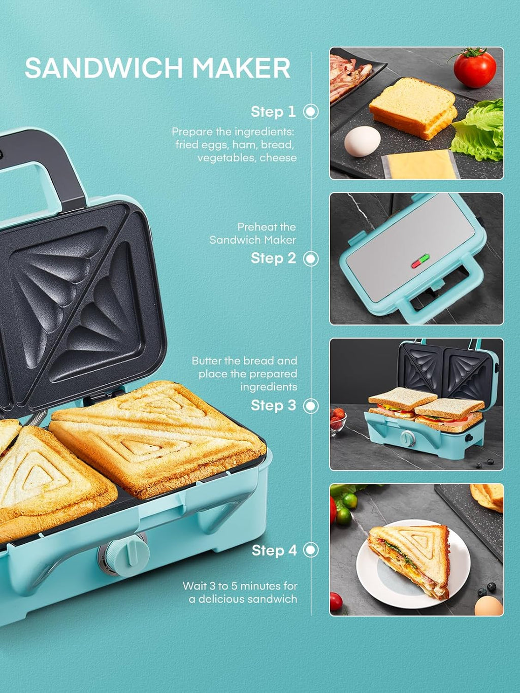 FOHERE Waffle Maker 3 in 1 Sandwich Maker 1200W Panini Press With Removable Plates and 5-gear Temperature Control, Non-stick Coating Easy to Clean,Indicator Lights, Blue