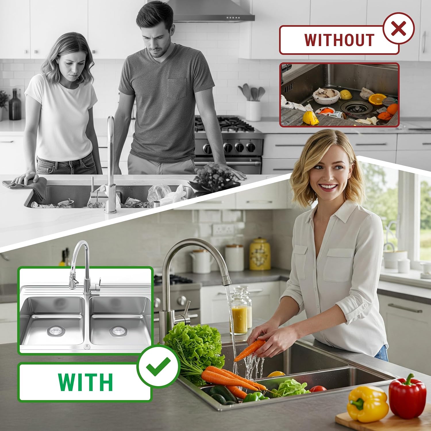 Premium 2 Pack - Kitchen Sink Drain Strainer Bathroom 3 in 1 Stainless Steel Sink Strainer Sink Stopper Dish Drainers Small Plug Filter Clearance Sink Cover Food Catcher Sink Protectors