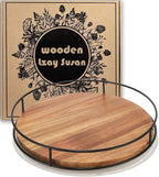 12" Acacia Wood Lazy Susan Turntable, Tomoaza Kitchen Organizer Turntable with Steel Sides, 360 Degree Lazy Susan for Countertop Cabinet or Dining Table(Black)