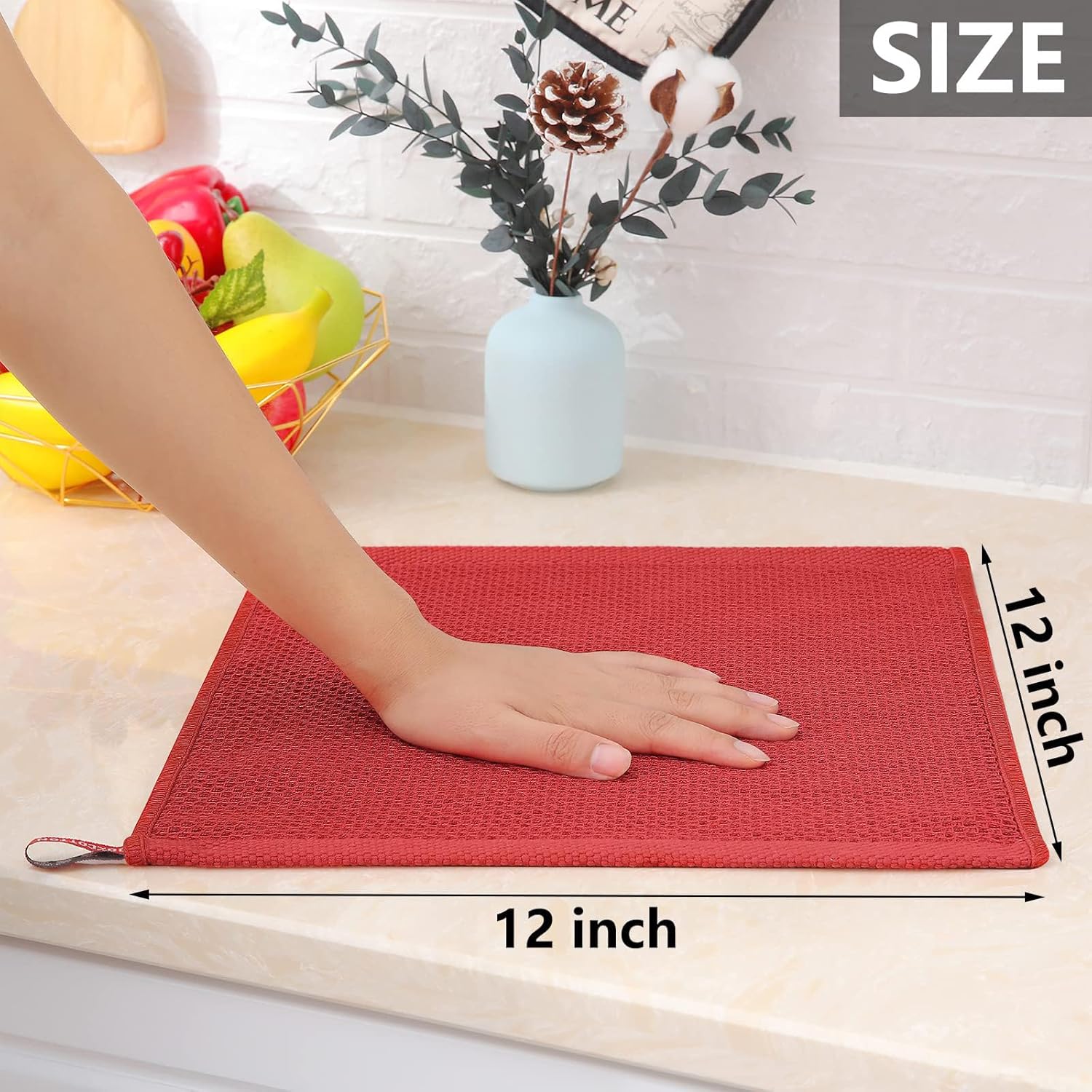 Homaxy 100% Cotton Waffle Weave Kitchen Dish Cloths, Ultra Soft Absorbent Quick Drying Dish Towels, 12 x 12 Inches, 12-Pack, Brick Red