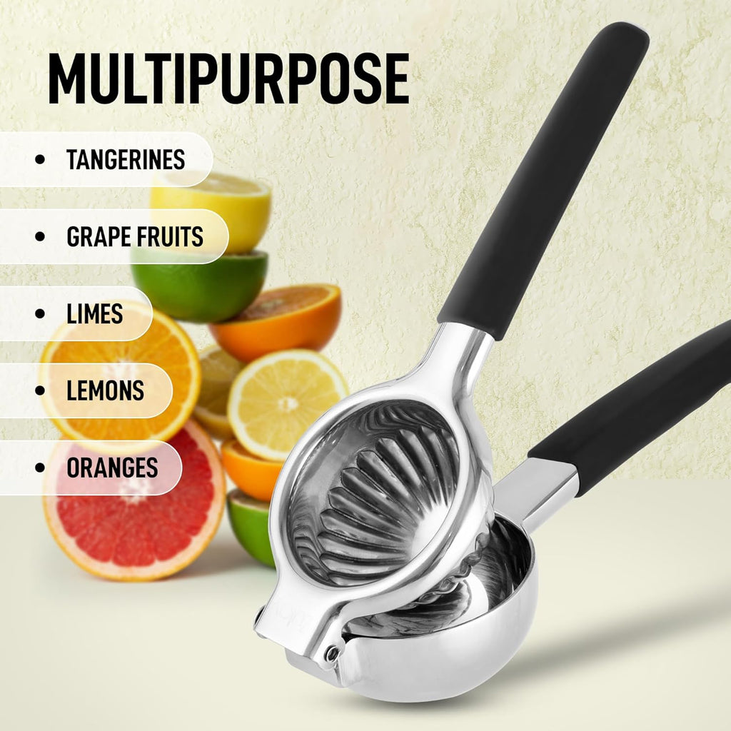 Zulay Lemon Squeezer Stainless Steel with Premium Heavy Duty Solid Metal Squeezer Bowl (Black Grip, Large)
