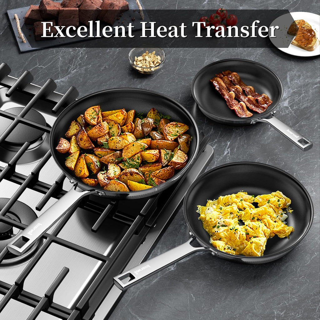Nonstick Ceramic Frying Pan Set,8inch&9.5inch&11inch Stainless Steel Frying Pan Skillet W/Glass Lid,Titanium Ceramic Omelet Pans,Kitchen Cooking Pan Set, Compatible W/All Cooktops
