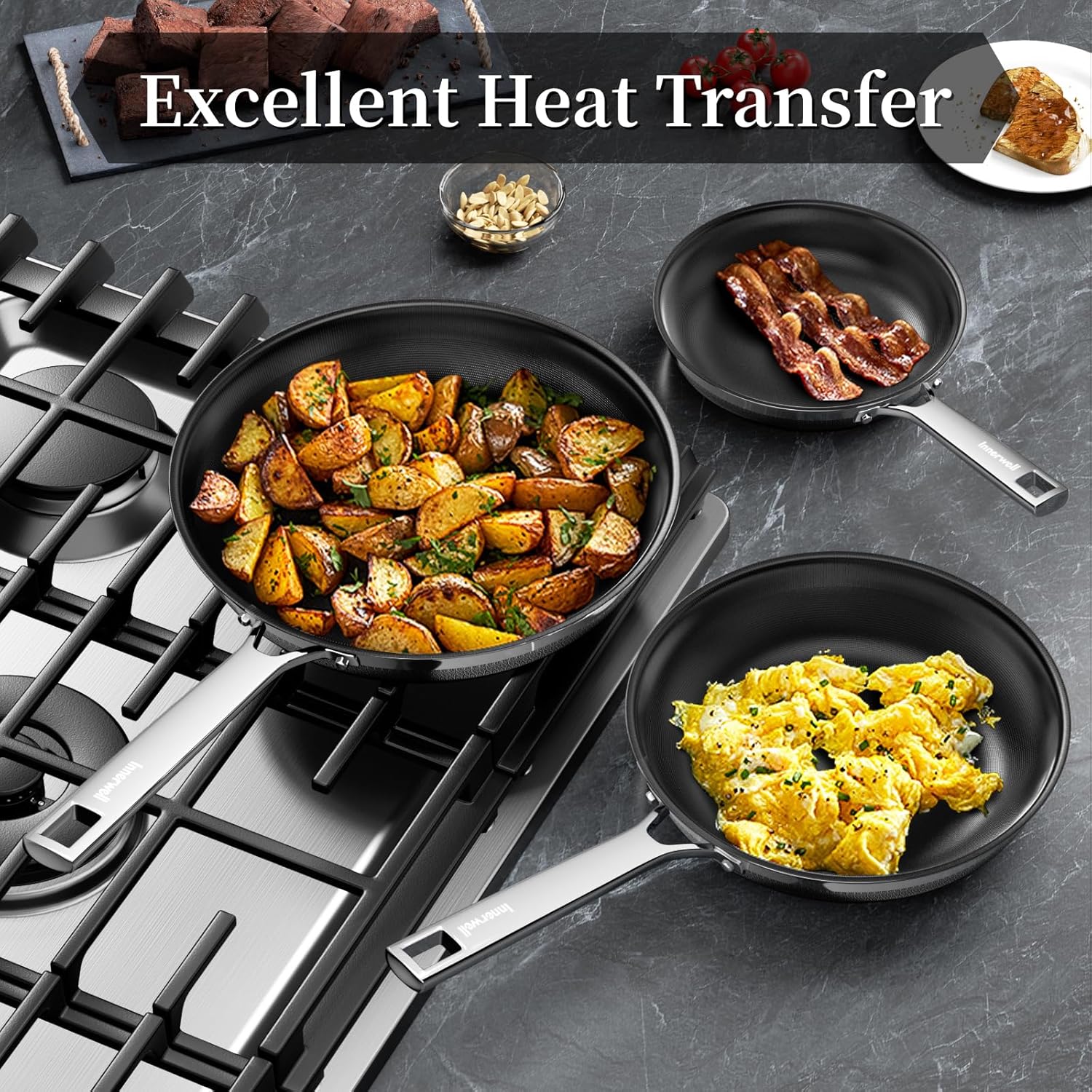 Nonstick Ceramic Frying Pan Set,8inch&9.5inch&11inch Stainless Steel Frying Pan Skillet W/Glass Lid,Titanium Ceramic Omelet Pans,Kitchen Cooking Pan Set, Compatible W/All Cooktops