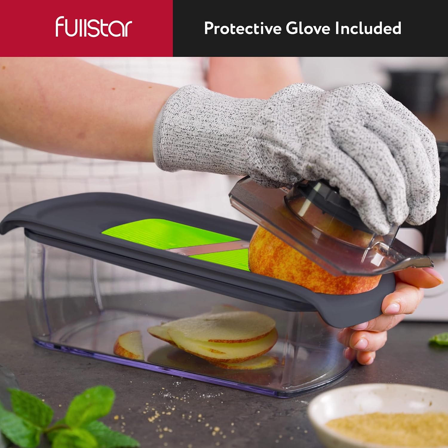 Fullstar Mandoline Slicer for Kitchen, Fruit Cutter, Cheese Grater, Cucumber Slicer, Veggie Spiralizer, Food Cutter & Kitchen Gadgets with Safety Glove (6 in 1, Gray/Green)