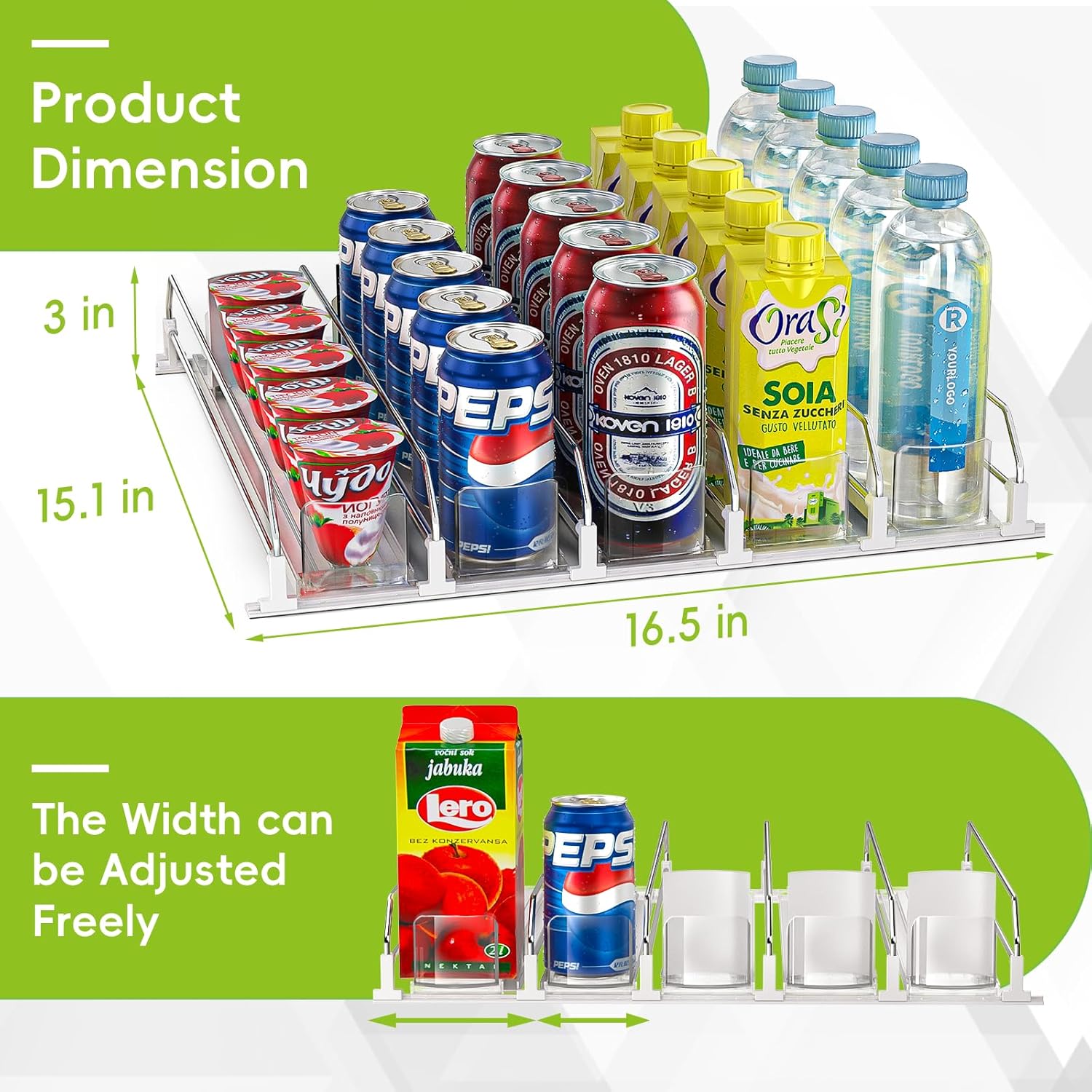 Soda Can Dispenser for Refrigerator,Self-Pushing Drink Organizer for Fridge, Width Adjustable Fridge Organization, Beer Pop Can Water Bottle Drink Dispenser for Fridge (15.1" D) White (5 Row, White)