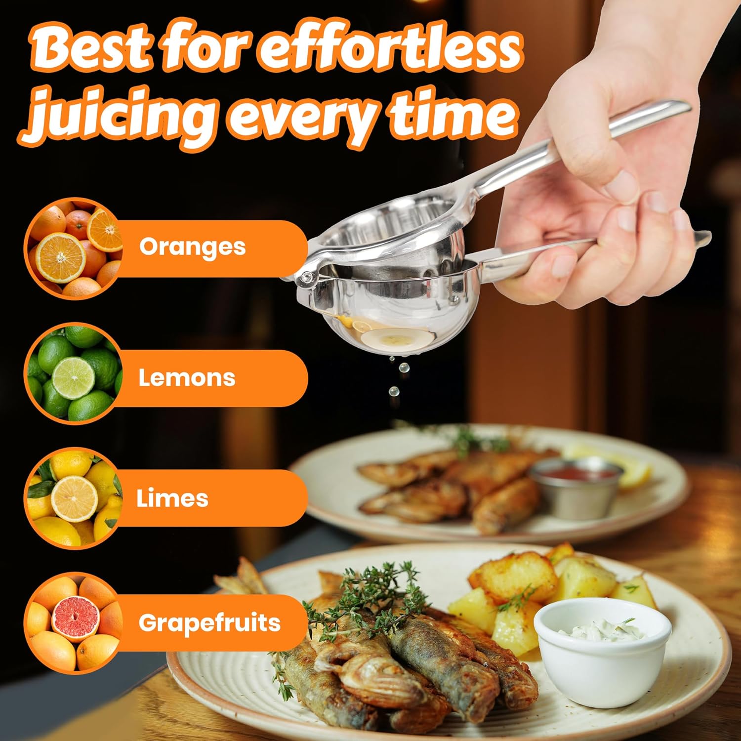 Stainless Steel Lemon Squeezer | Heavy Duty Handheld Juicer with Large Bowl | Premium Manual Citrus Press | Stainless Steel Lemon Lime Squeezer & Juicer Hand Press | Rust-Resistant, Dishwasher Safe
