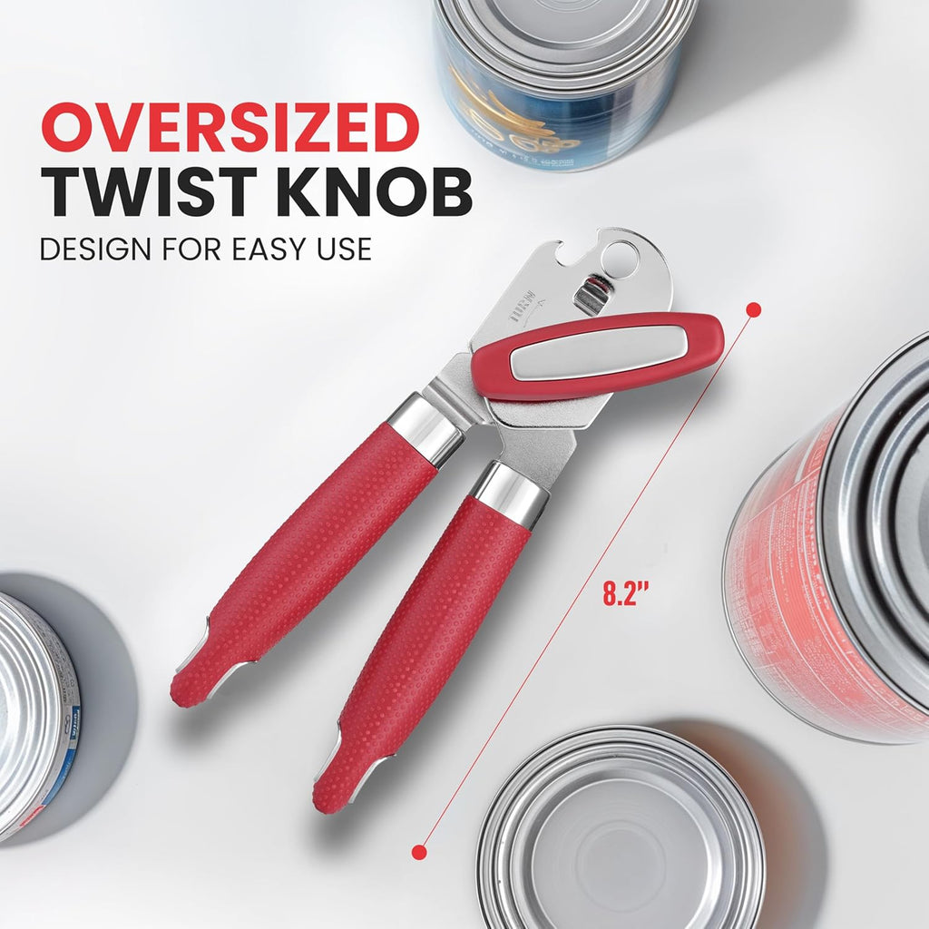 Zulay Kitchen Heavy Duty Stainless Steel Can Opener Manual with Large Bottle Opener - Manual Can Opener with Turn Knob with Soft Grip Handles - Red