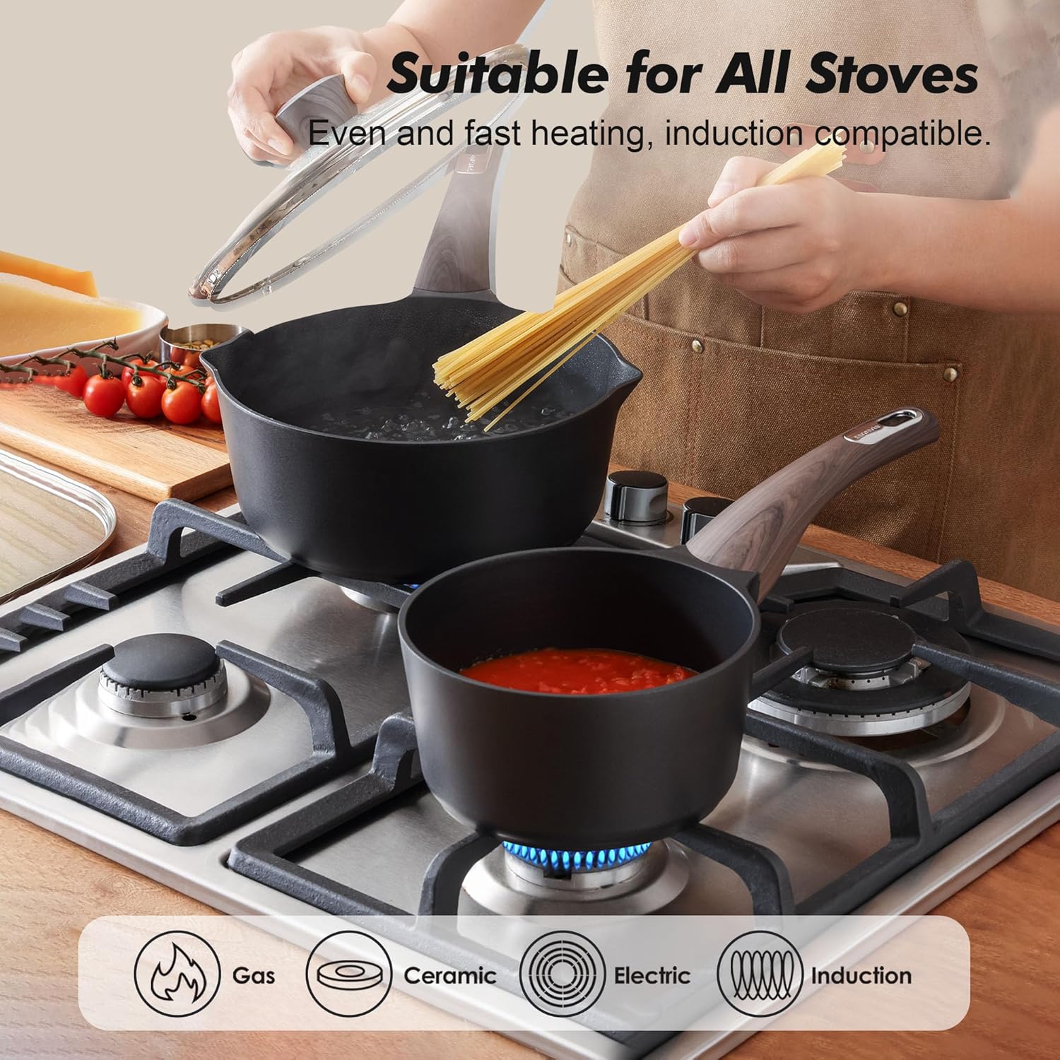 SENSARTE Nonstick Sauce Pan with Lid, 3.0 Quart Saucepan with Double Spout, Multipurpose Large Cooking Pot, Non toxic Kitchen Sauce Pot, Non stick Saucier Pan, Induction Comptable, PFOA Free