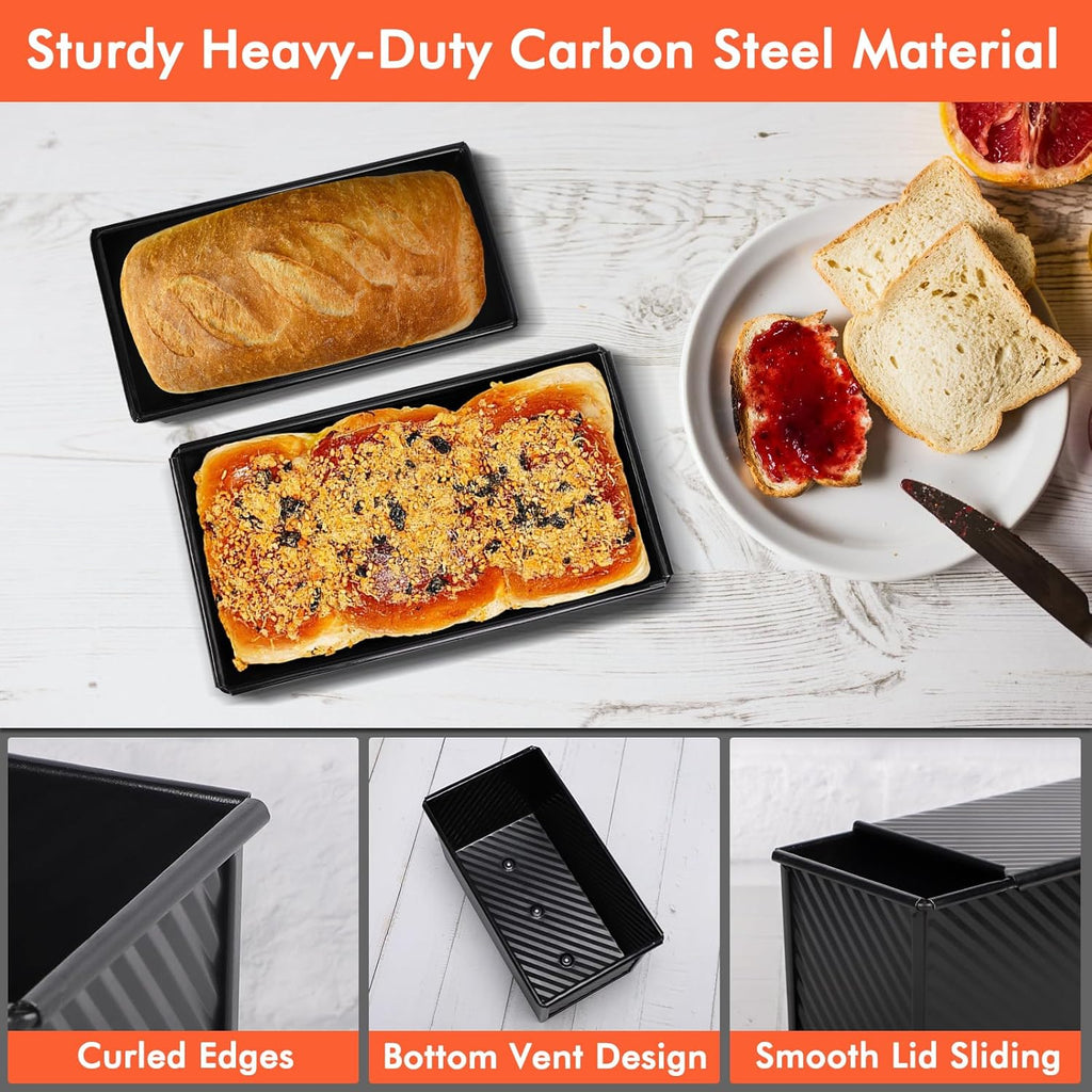 Beasea Pullman Loaf Pan with Lid, 2 Pack Non-Stick Bread Loaf Pans 1 lb & 0.5 lb Carbon Steel Bread Toast Box with Dough Scraper for Homemade Bread Toast Oven Baking - Black