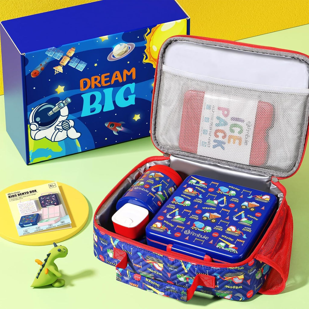 Fimibuke Kids Bento Snack Lunch Box with 4 Compartment, Insulated lunch Bag, Stainless Steel Vacuum Thermos Food Jar, Ice Pack, Utensils Set, Birthday Gift for Age 3-12 Back to School Toddler Girl Boy