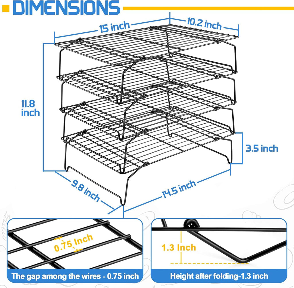 P&P CHEF 4-Tier Cooling Rack Set, Stainless Steel Stackable Baking Cooking Racks for Cooling Roasting Cooking, Raised & Folding Feet, Oven Safe & Easy Clean, 15" x 10", Black