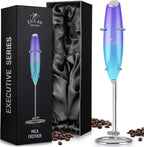 Zulay Executive Series Ultra Premium Gift Milk Frother - Coffee Frother Handheld Foam Maker For Lattes - Electric Milk Frother Handheld For Coffee - Purple Teal Fade w Silver OG Stand