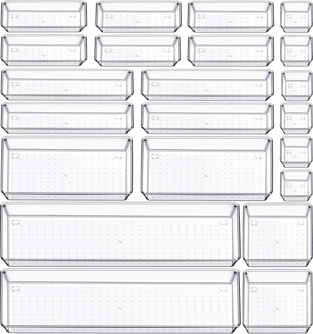 Criusia 22 Pcs Drawer Organizer Bins, Acrylic Non Slip Kitchen Drawer Organizers Storage Tray Divider, Multifunctional Storage for Cosmetics, Bathroom, Tools, Kitchen and Office