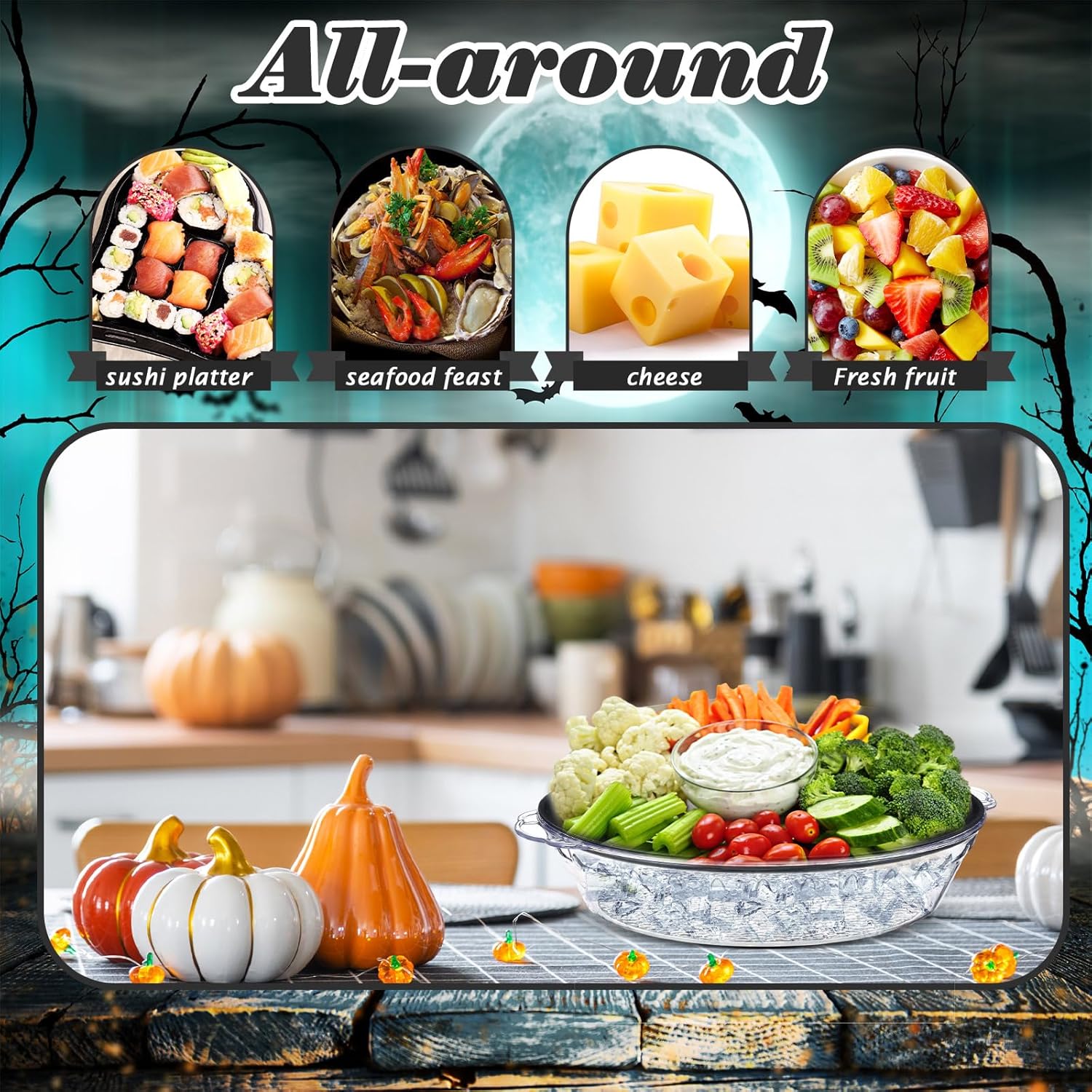 Baderke 1 Set 11.8" Chilled Serving Tray for Parties with Compartments Ice Chilled Party Platter Charcuterie Serving Board Cold Dish Dip for Fruit Seafood Vegetable Shrimp Cocktail (Black)