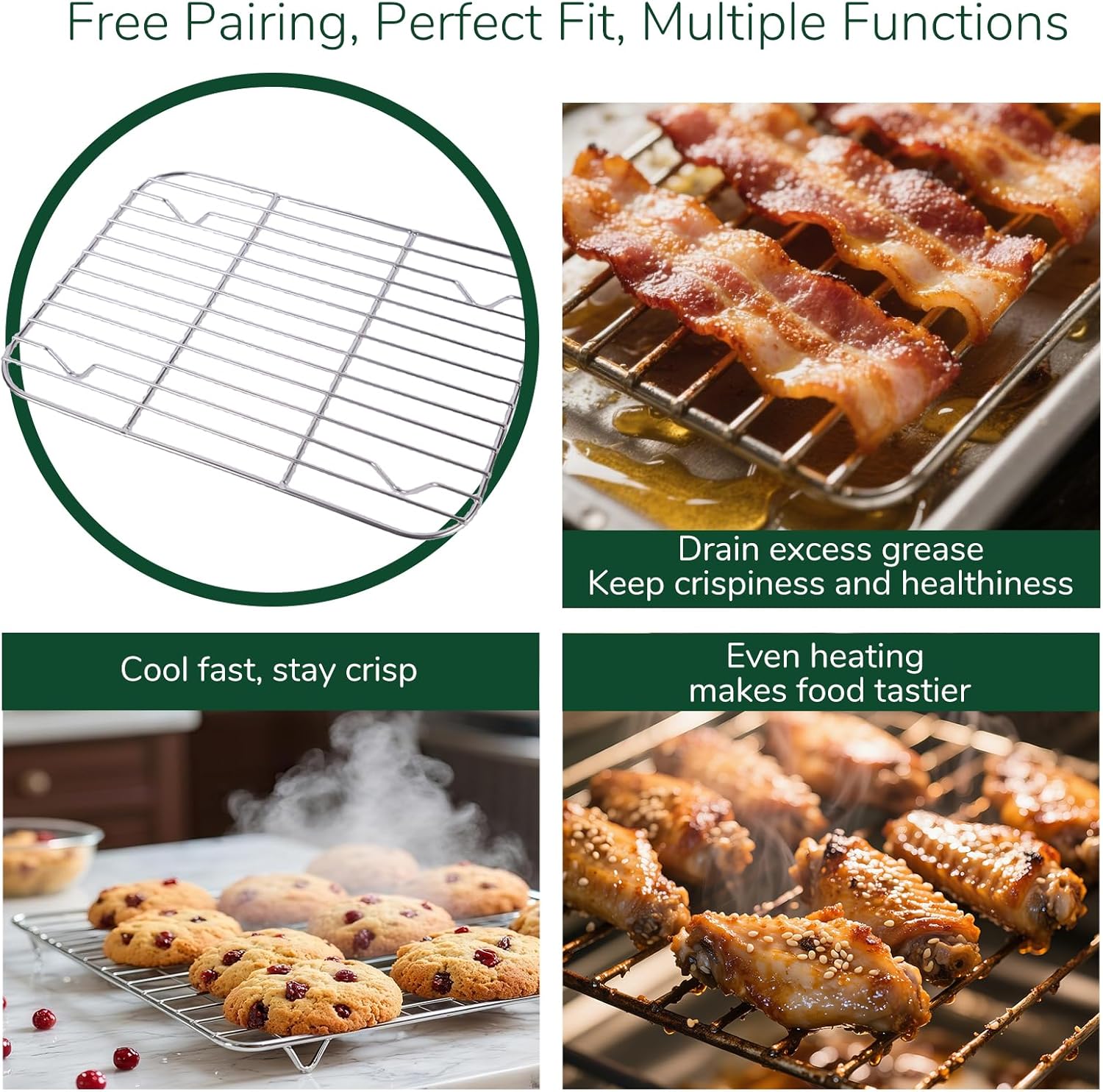 18/0 Stainless Steel Baking Sheet with Cooling Rack, 15.9 Inch Oven-Safe Non-Toxic Cookie Sheets for Baking, Coating Free & Rust Resistant for Healthy Family Baking, Easy to Clean, Heavy Duty