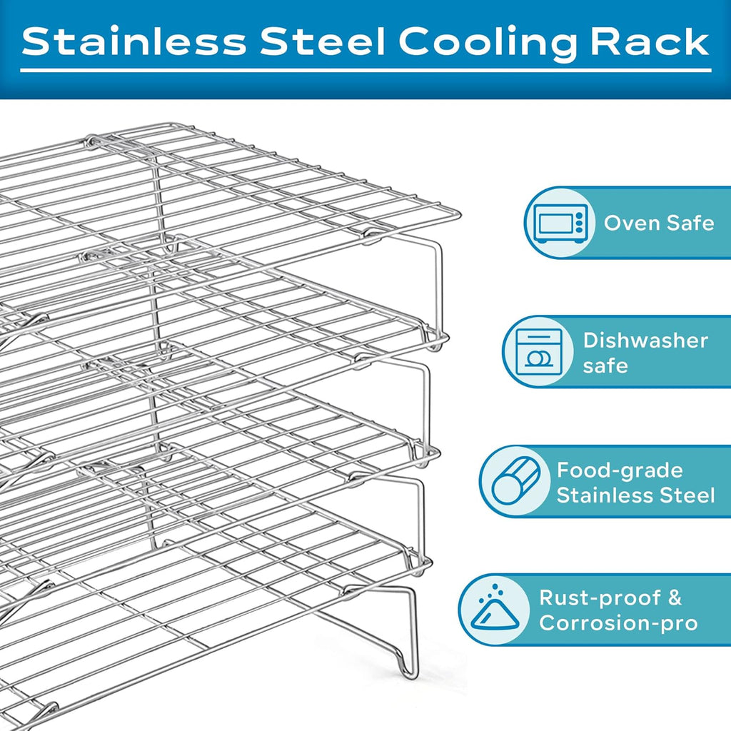 15IN x 10IN Cooling Baking Rack Set of 4, Leonyo 4-Tier Stackable Stainless Steel Wire Baking Cooking Racks Set for Cookie, Pizza, Cup Cake, Raised & Folding Feet