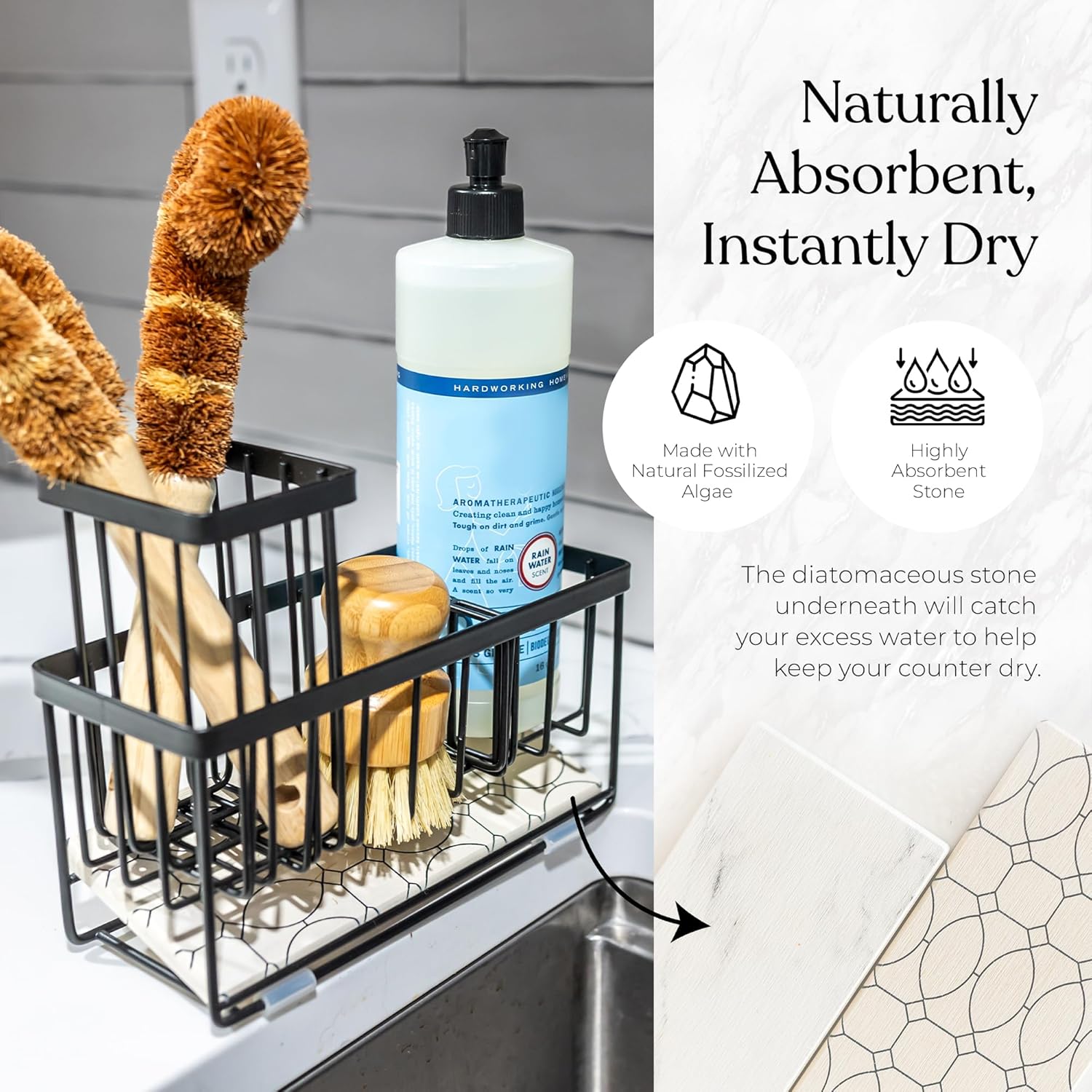OKIEDOKIE ARTICHOKIE Kitchen Sink Caddy Organizer – With Self-Drying Stone, Multi-Purpose with Sponge & Dish Brush Holder, Compact Sink Sponge Holder for Kitchen Countertop