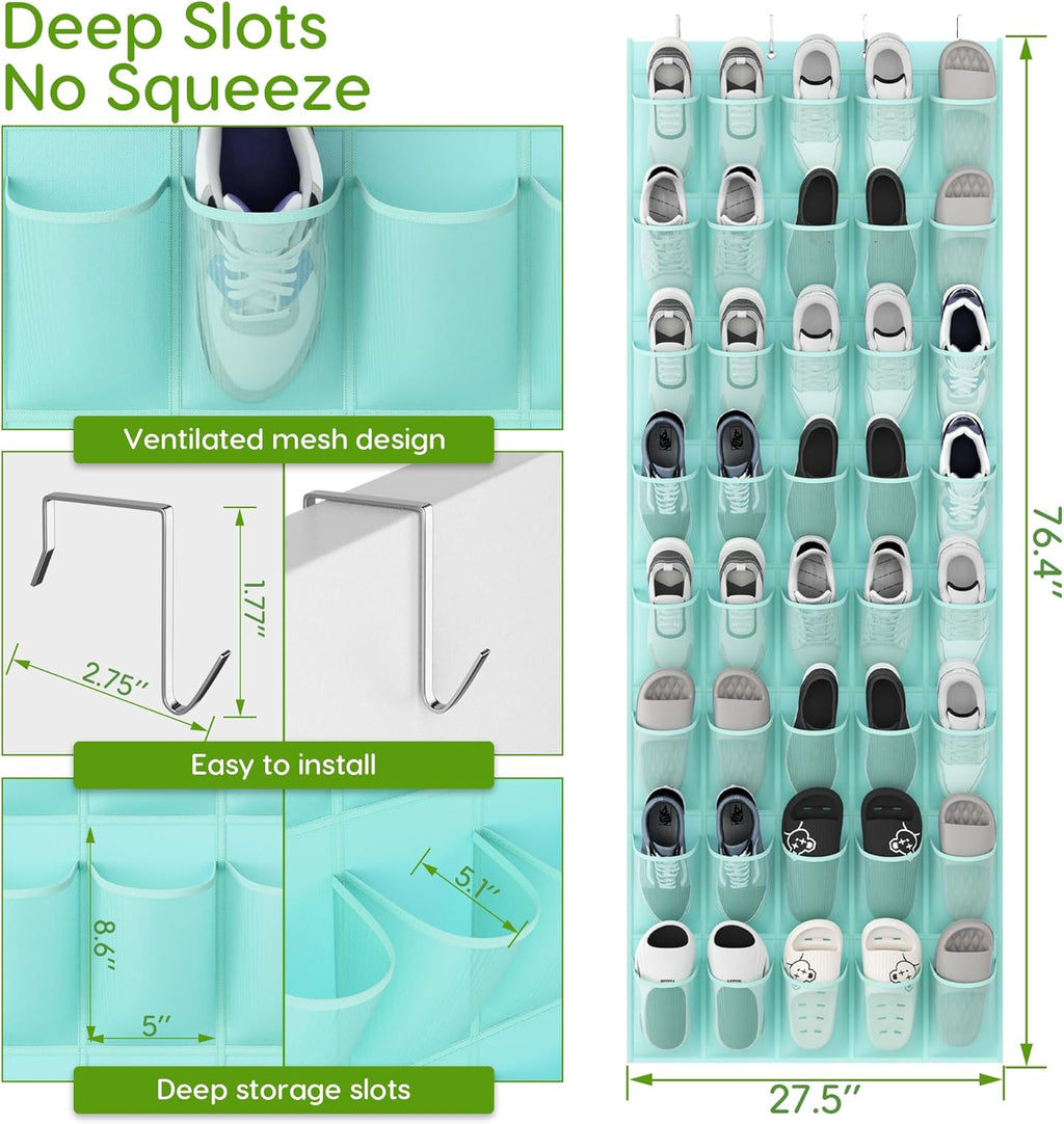 Unjumbly Over the Door Shoe Organizer with 40 Large Breathable Mesh Pockets, Space Saving Shoe Holder, Hanging Shoe Rack for Entryway Bedroom Closet Storage (Mint Blue, 40 Pockets)