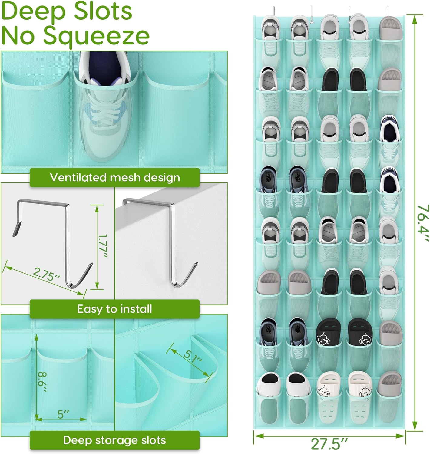 Unjumbly Over the Door Shoe Organizer with 40 Large Breathable Mesh Pockets, Space Saving Shoe Holder, Hanging Shoe Rack for Entryway Bedroom Closet Storage (Mint Blue, 40 Pockets)
