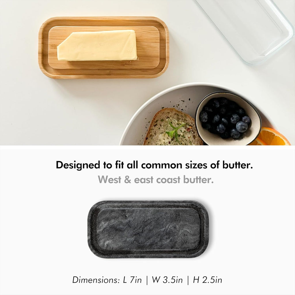 KIVY Butter Dish (Black Marble & Glass) - For countertop and refrigerator door shelf - Marble butter keeper - Stone butter dish - Glass butter dish with lid - Dishwasher Safe