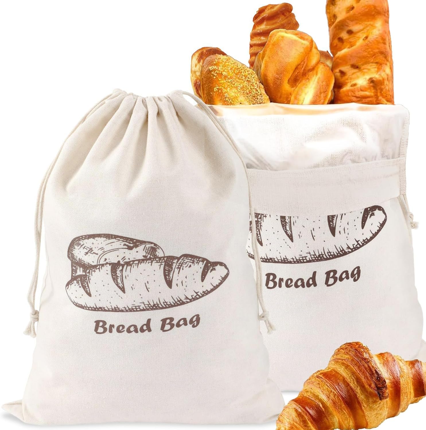 Bread Bag with Inside Lining, 2 Pack Reusable Linen Bread Storage Bags, 11.75" x 11.5" Homemade Bun Container, Double Drawstring Closure for Fruit and Baguette, Artisan Bread Storage