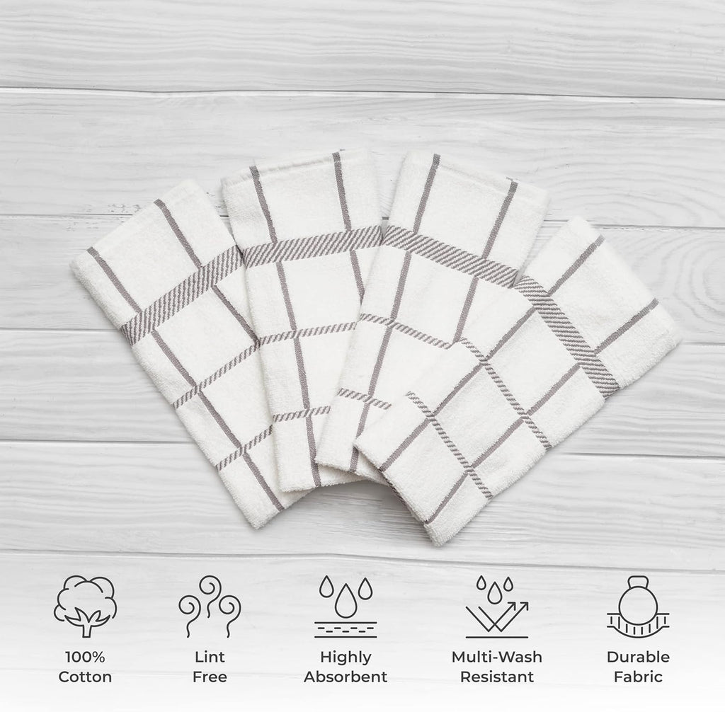 100% Cotton Terry Dish Towels, 4 Pack Checks, 16 x26 Inches, Super Soft and Absorbent Kitchen Towels, Perfect for Kitchen Cleaning and Dish Washing | Light Gray