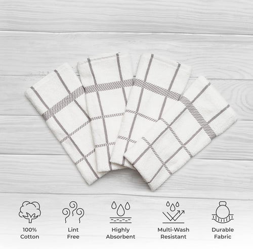 100% Cotton Terry Dish Towels, 4 Pack Checks, 16 x26 Inches, Super Soft and Absorbent Kitchen Towels, Perfect for Kitchen Cleaning and Dish Washing | Light Gray