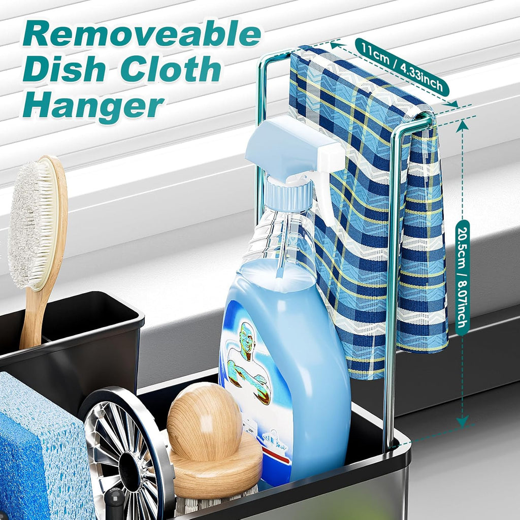 Stainless Steel Sink Caddy, Sponge Holder for Kitchen Sink with Brush Holder & Dishcloth Rack, Rustproof Sink Organizer Countertop, Soap Dispenser Kitchen Organizers Storage Essentials, Black
