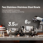 Stand Mixer, 3.5QT+6QT Two Bowls Kitchen Electric Mixer, 600W 6+P speed Tilt-Head Food Mixer with Stainless Steel Bowl, Dishwasher-Safe Dough Hook, Flat Beater, Wire Whisk, Splash Guard, Grey