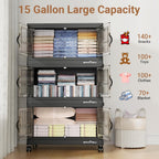 300Qt Stackable Storage Bins with Lid, Extra Large Closet Organizer Collapsible Drawer Boxes with Wheels, Folding Plastic Cabinet Containers for Home Kitchen Room Organization, 5Pack Black