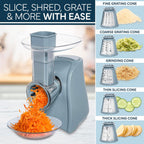 COOK WITH COLOR 5-in-1 Electric Slicer, 150W Food Prep Machine – Parmesan Shredder, Fine & Coarse Graters, Potato Grater, Vegetable Slicer, Compact Design for Bowl Prep, Blue/Grey