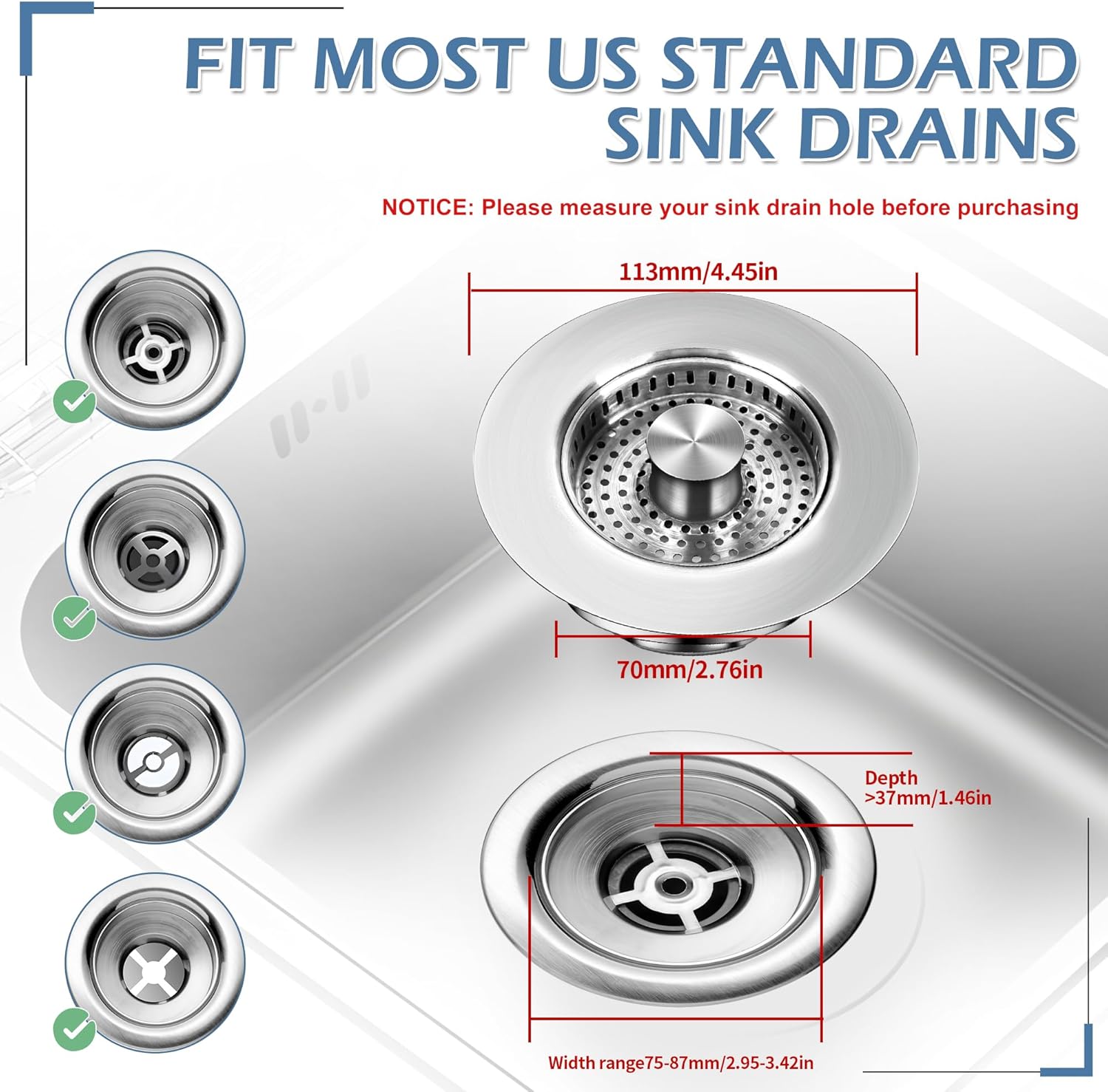 3 in 1 Kitchen Sink Drain Strainer ，304 Stainless Steel Kitchen Sink Stopper and Basket,Long-Term Water Storage，Bass Bounce Core，General，Filter for Standard 3-1/2 inch Drain