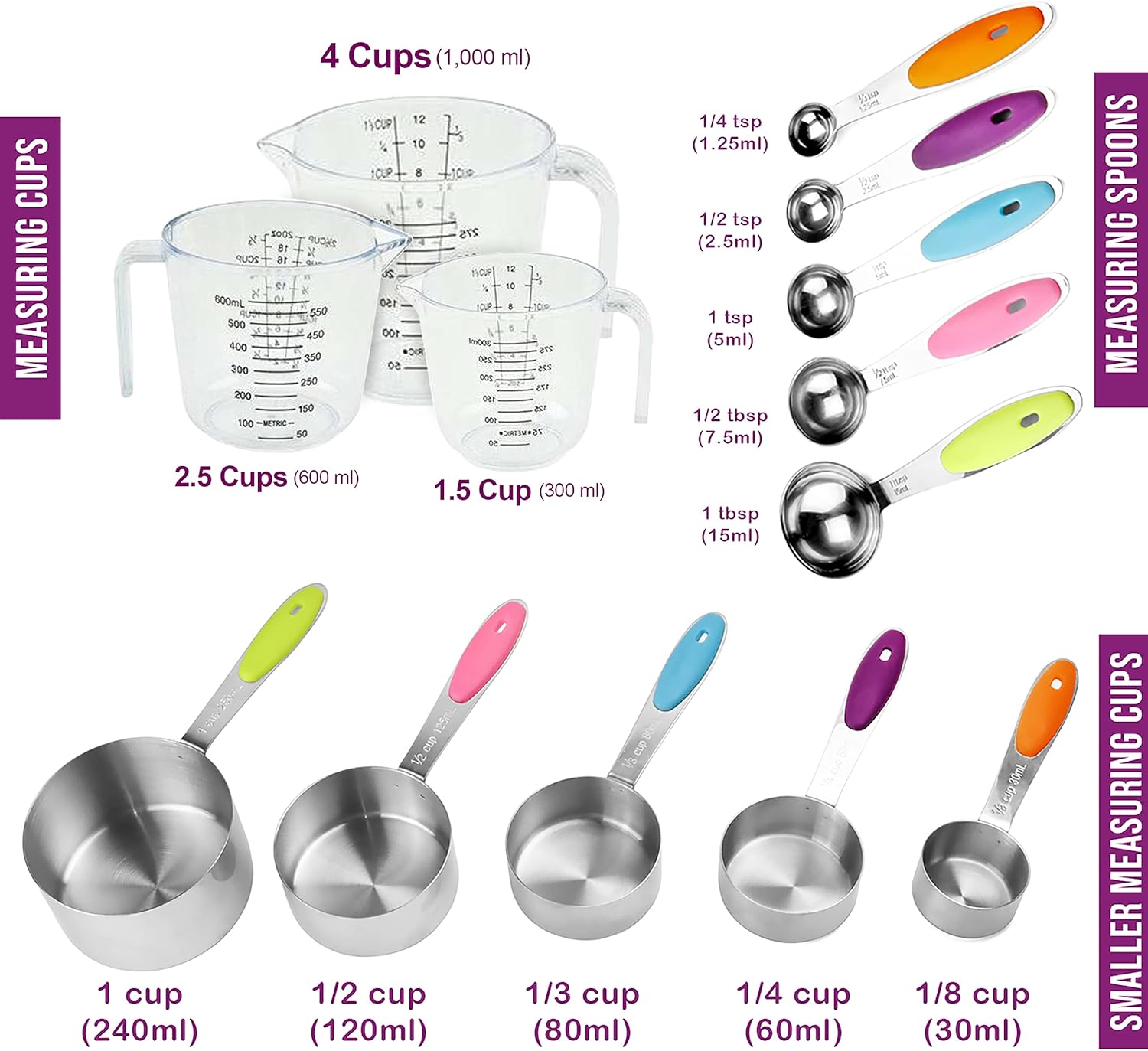Measuring Cups and Spoons Set 13 Piece. Includes 10 Stainless Steel Measuring Spoons and Cups Set and 3 Plastic Measuring Cup. Liquid Measuring Cups Set and Dry Metal Measuring Cup Set