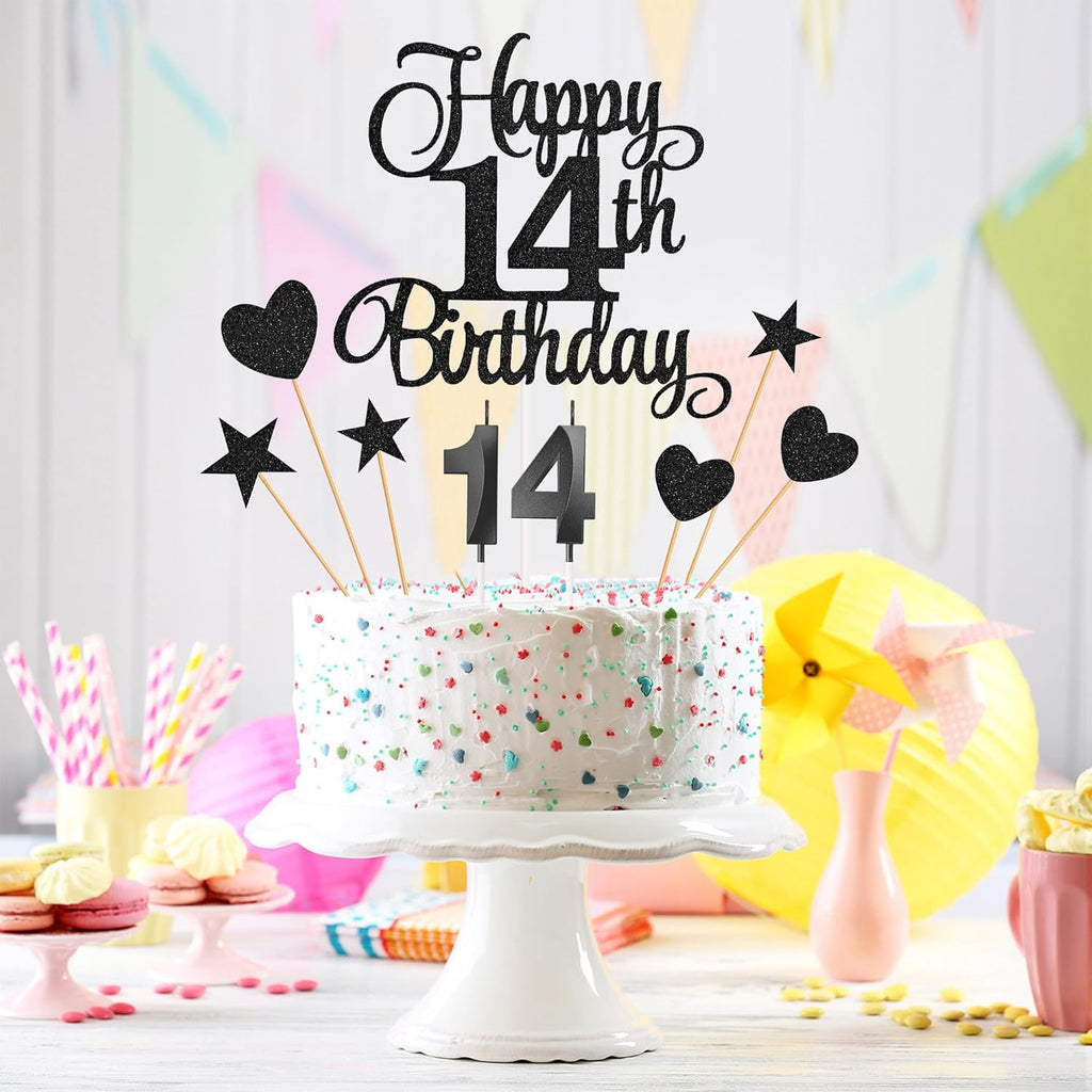 14th Birthday Cake Decorations, 14th Birthday Candles Cake Numeral Candles and Glitter Happy 14th Birthday Cake Toppers Set for Birthday Party Supplies (Black)