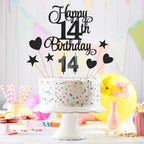14th Birthday Cake Decorations, 14th Birthday Candles Cake Numeral Candles and Glitter Happy 14th Birthday Cake Toppers Set for Birthday Party Supplies (Black)
