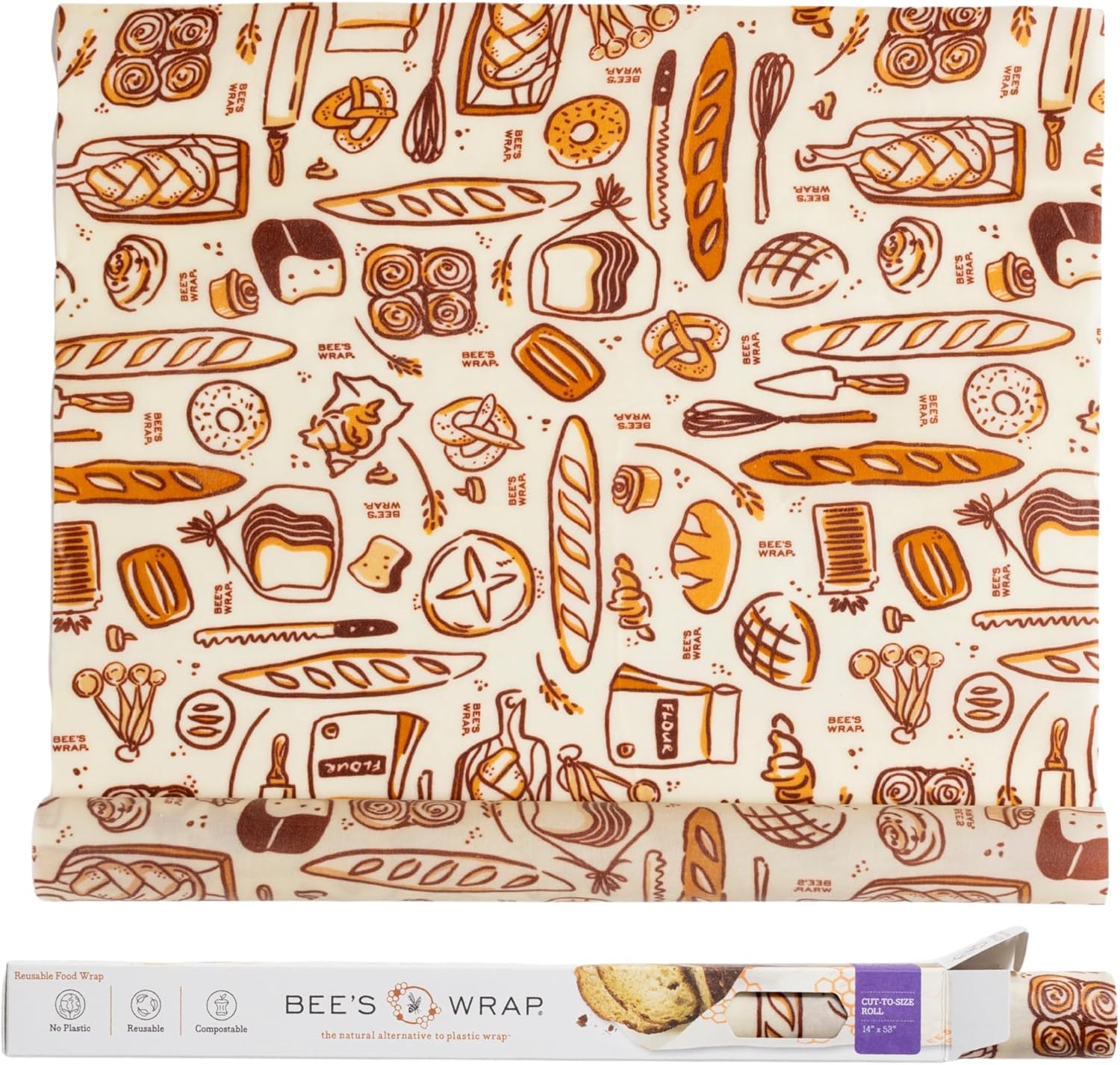 Bee's Wrap Beeswax Wraps for Food - Bakery Lane Cut to Size 14x52" Wax Paper Roll - Made in USA Reusable Waxed Paper & Bowl Covers - Organic & Eco-Friendly Alternative to Aluminum Foil & Plastic Wrap