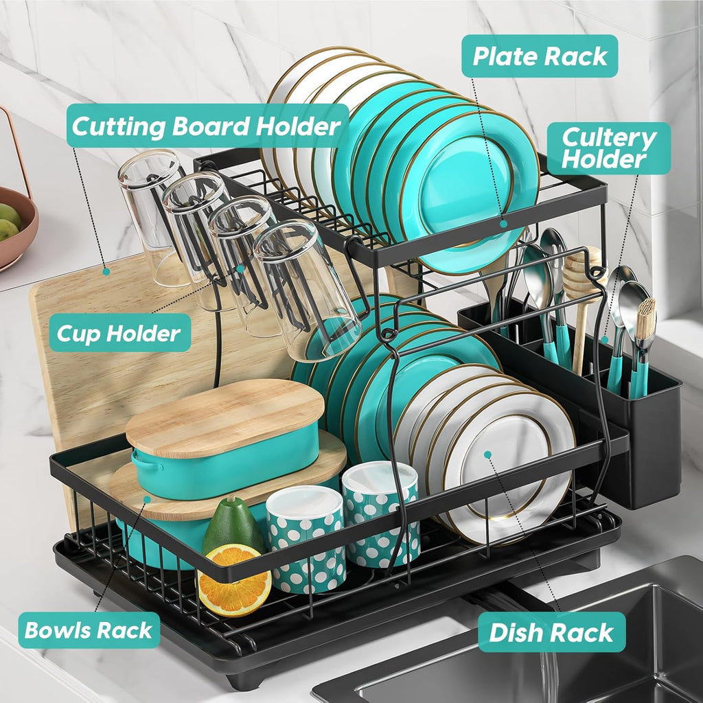 MERRYBOX Dish Drying Rack Large Capacity 2 Tier Dish Drying Rack Multifunctional Rustproof Dish Racks for Kitchen Counter with Large Utensil Holder, Cup Holder, Black