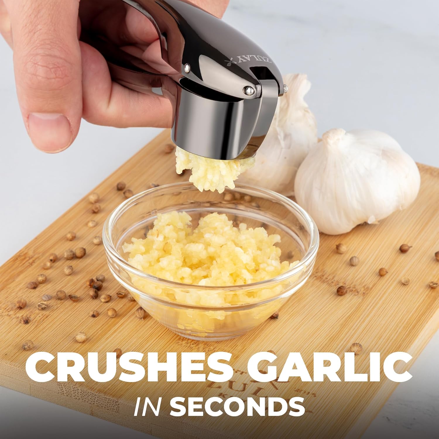 Zulay Kitchen Premium Garlic Press Set – Rust Proof & Dishwasher Safe Garlic Mincer Tool with Silicone Garlic Peeler & Brush, Easy Squeeze & Clean, Ergonomic Soft Grip Handle - Medium – Dark Gray