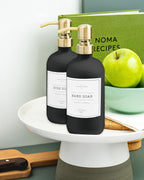 Vine Creations Black Glass Soap Dispenser, 2 Pack Kitchen Soap Dispenser Set with Stainless Steel Pump, 16 oz Dish Soap and Hand Soap Dispensers for Bathroom with Waterproof Labels