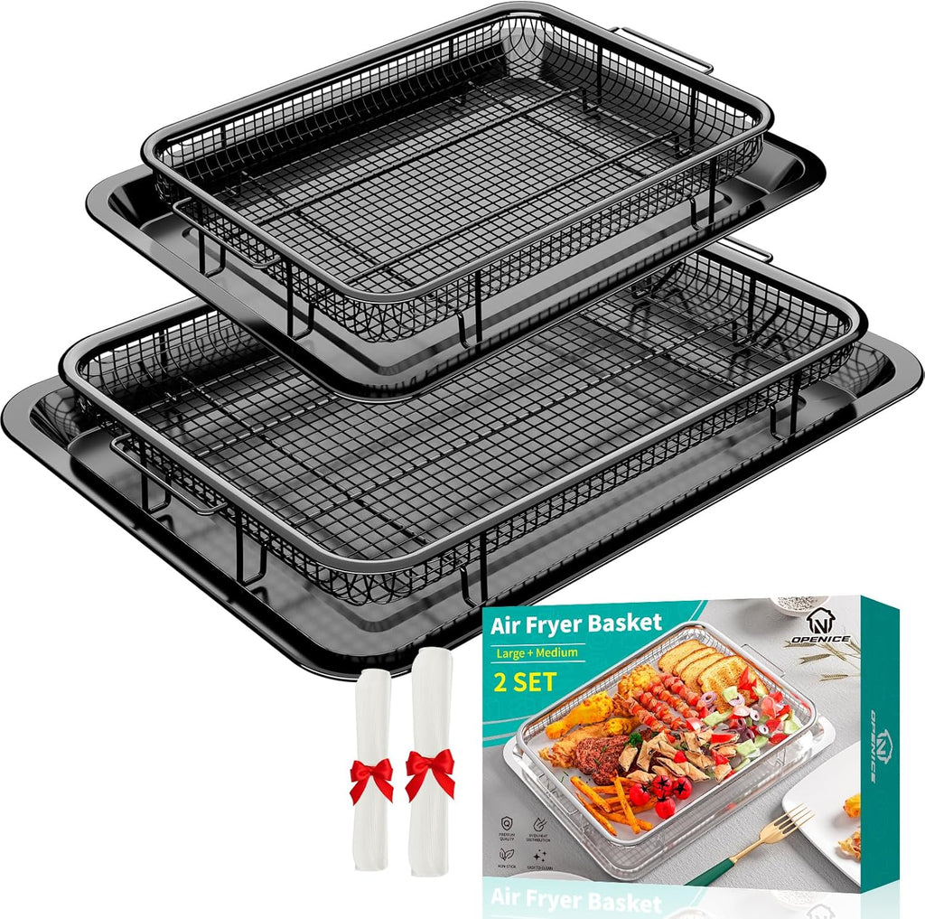 Air Fryer Basket, OPENICE 2 Set Air Fryer Pan and Crisper Tray for Oven, Non-stick Oven Air Fryer Basket for Baking and Crispy Foods - Black