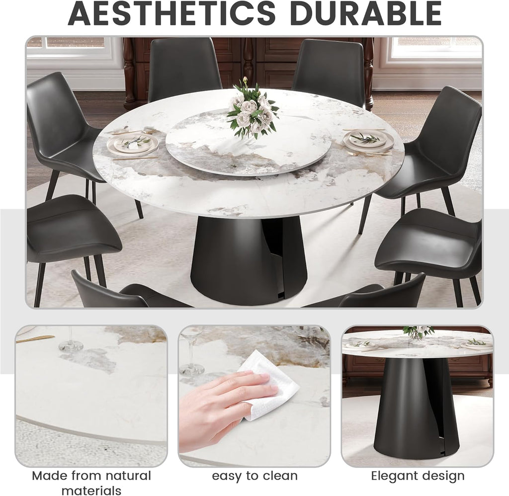 Montary 59" Modern Artificial Marble Round Dining Table with Black Carbon Steel Base & 31.5" White Sintered Stone Turntable, Dining Room Table with Lazy Susan for 6-8 (Only Table)